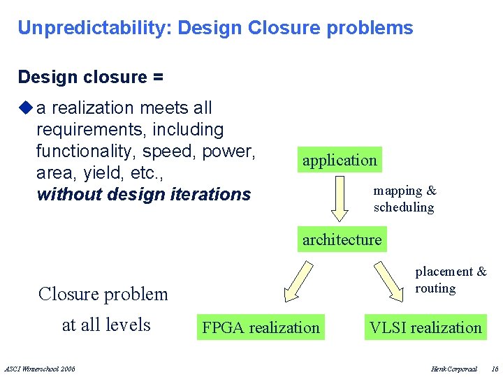 Unpredictability: Design Closure problems Design closure = u a realization meets all requirements, including