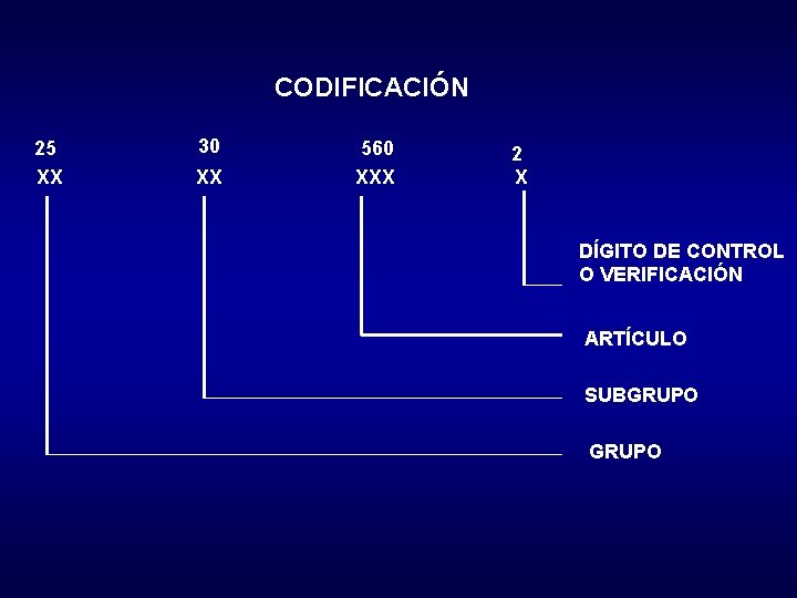 CODIFICACIÓN 25 XX 30 XX 560 XXX 2 X DÍGITO DE CONTROL O VERIFICACIÓN