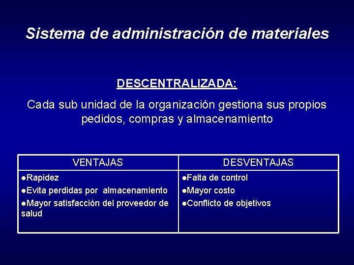 Sistema de administración de materiales DESCENTRALIZADA: Cada sub unidad de la organización gestiona sus