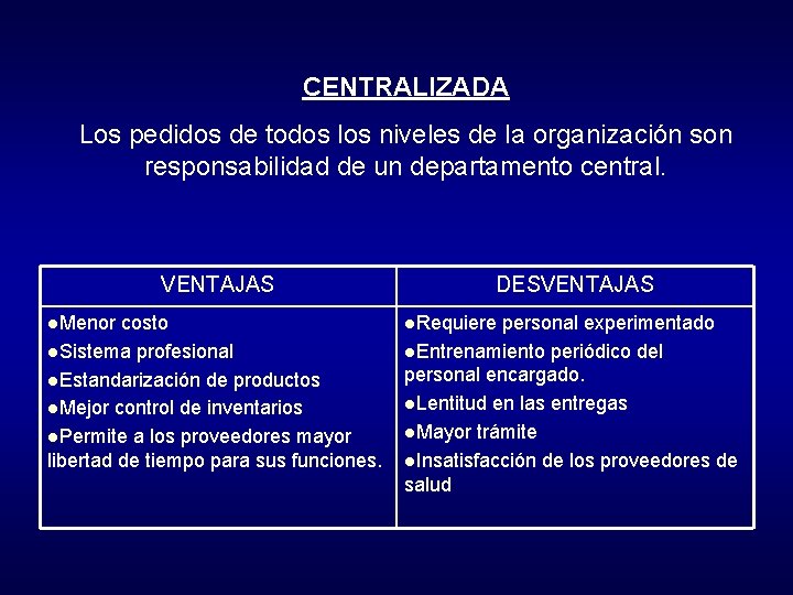 CENTRALIZADA Los pedidos de todos los niveles de la organización son responsabilidad de un