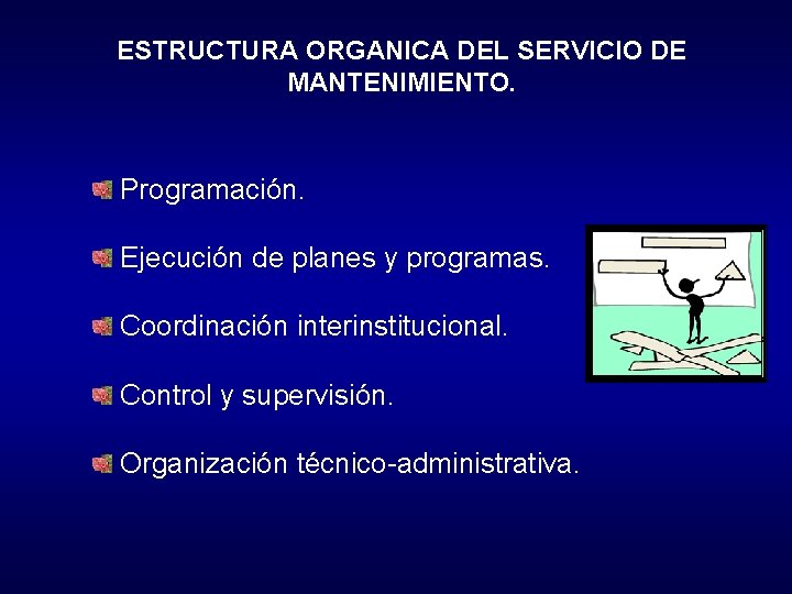 ESTRUCTURA ORGANICA DEL SERVICIO DE MANTENIMIENTO. Programación. Ejecución de planes y programas. Coordinación interinstitucional.