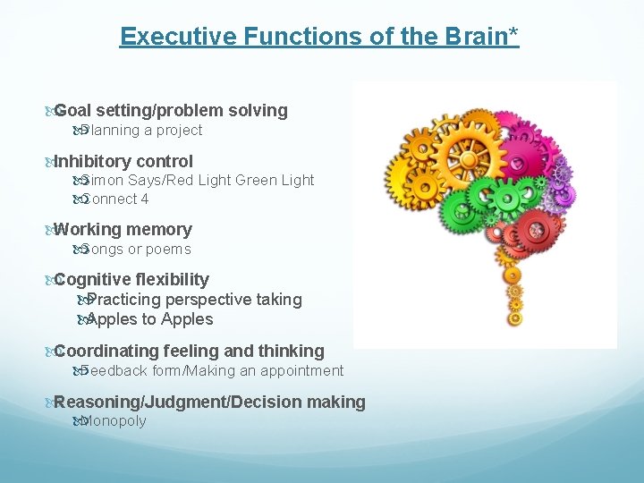 Executive Functions of the Brain* Goal setting/problem solving Planning a project Inhibitory control Simon
