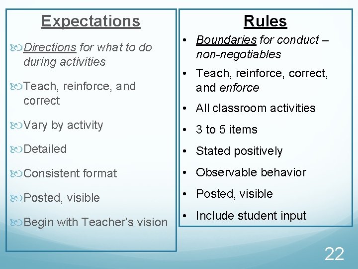 Expectations Directions for what to do during activities Teach, reinforce, and correct Rules •