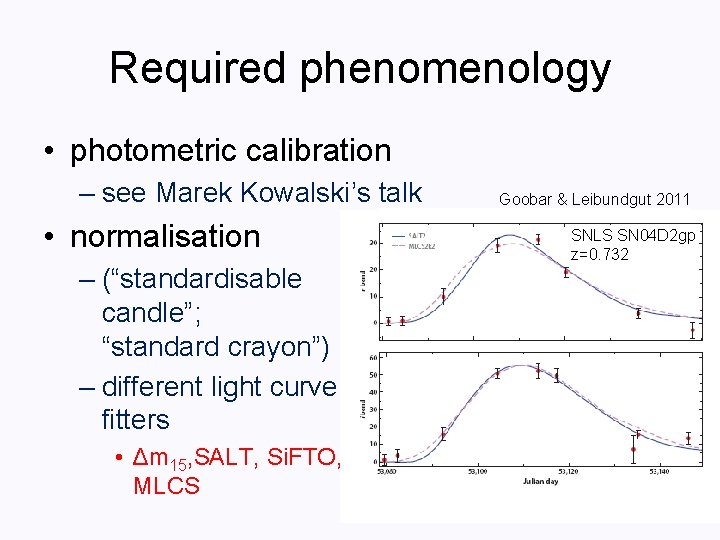 Required phenomenology • photometric calibration – see Marek Kowalski’s talk • normalisation – (“standardisable