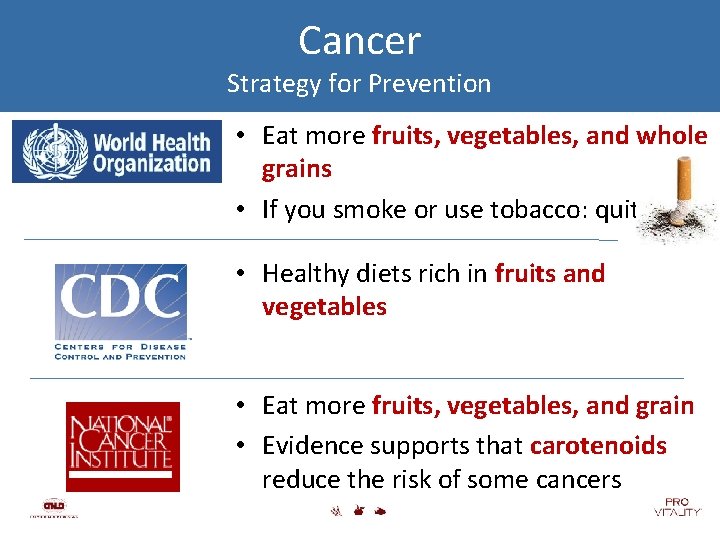 Cancer Strategy for Prevention • Eat more fruits, vegetables, and whole grains • If