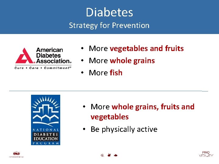 Diabetes Strategy for Prevention • More vegetables and fruits • More whole grains •