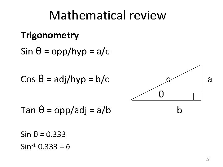 Mathematical review Trigonometry Sin θ = opp/hyp = a/c Cos θ = adj/hyp =