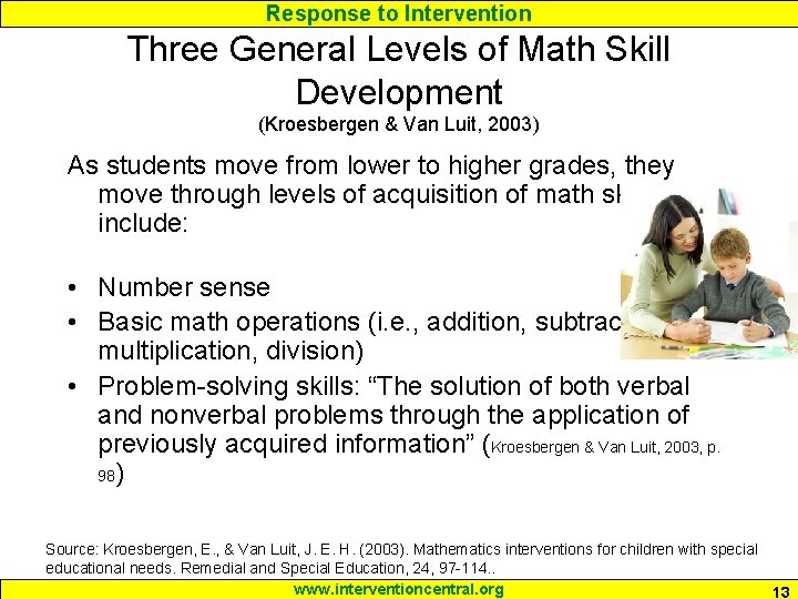 Response to Intervention Three General Levels of Math Skill Development (Kroesbergen & Van Luit,