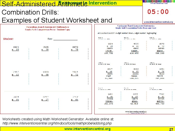 Response to Intervention Self-Administered Arithmetic Combination Drills: Examples of Student Worksheet and Answer Key