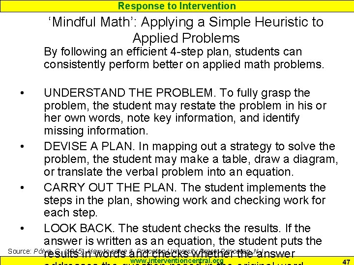 Response to Intervention ‘Mindful Math’: Applying a Simple Heuristic to Applied Problems By following