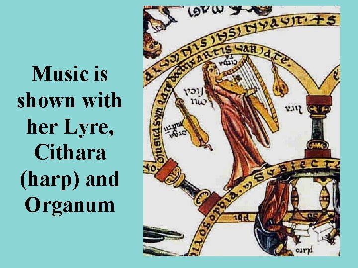 Music is shown with her Lyre, Cithara (harp) and Organum 