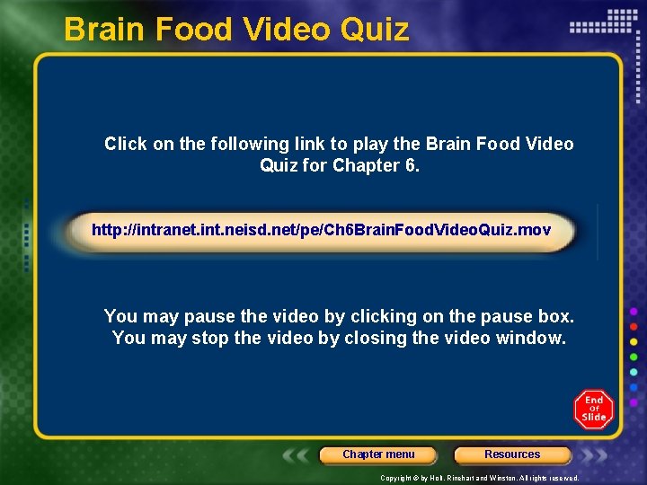 Brain Food Video Quiz Click on the following link to play the Brain Food Brain Food Video Quiz Click on the following link to play the Brain Food