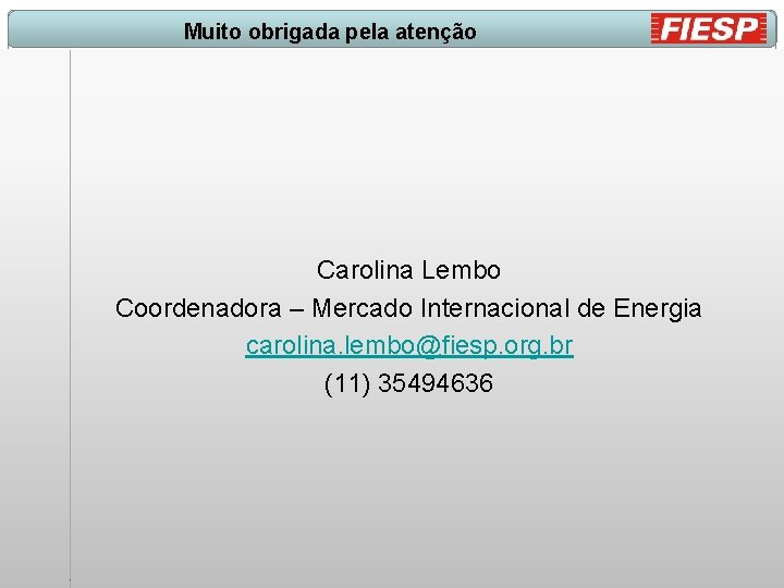 Muito obrigada pela atenção Carolina Lembo Coordenadora – Mercado Internacional de Energia carolina. lembo@fiesp.