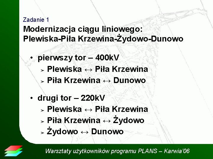 Zadanie 1 Modernizacja ciągu liniowego: Plewiska-Piła Krzewina-Żydowo-Dunowo • pierwszy tor – 400 k. V