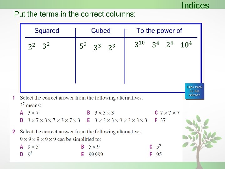 Put the terms in the correct columns: Indices 