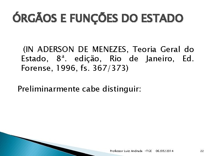 ÓRGÃOS E FUNÇÕES DO ESTADO (IN ADERSON DE MENEZES, Teoria Geral do Estado, 8ª.