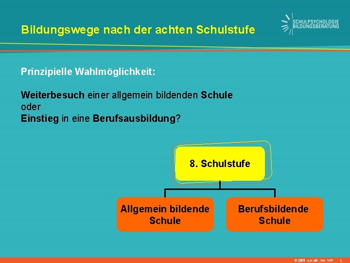 Bildungswege nach der achten Schulstufe Prinzipielle Wahlmöglichkeit: Weiterbesuch einer allgemein bildenden Schule oder Einstieg