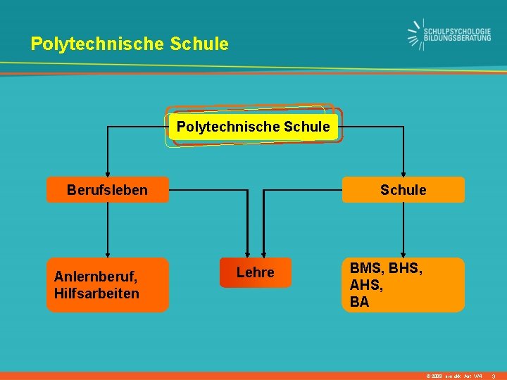 Polytechnische Schule Berufsleben Anlernberuf, Hilfsarbeiten Schule Lehre BMS, BHS, AHS, BA © 2008, bm: