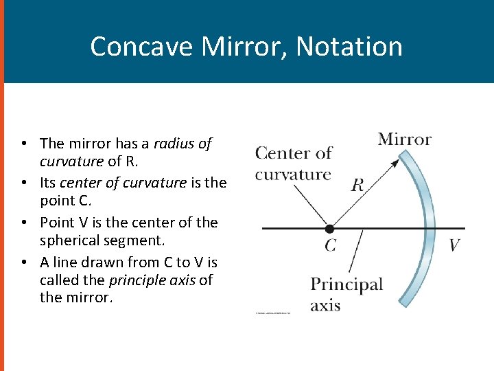 Concave Mirror, Notation • The mirror has a radius of curvature of R. •