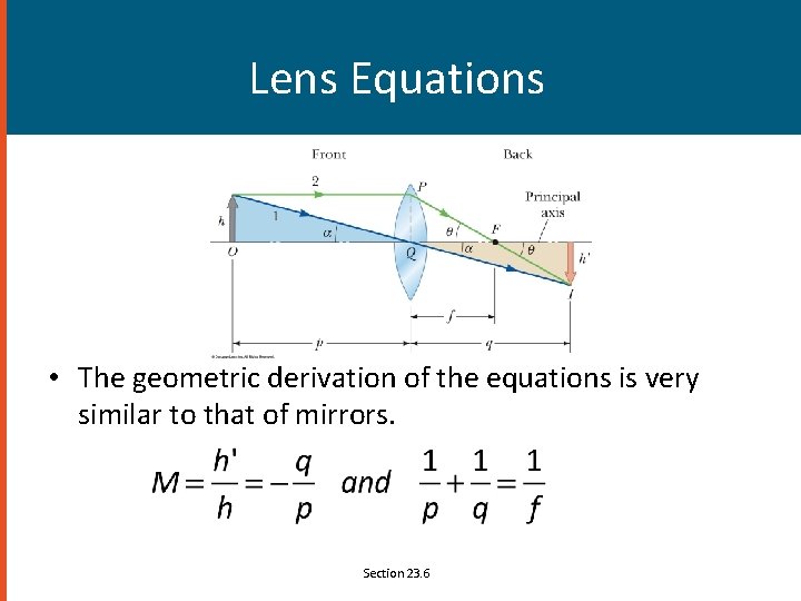 Lens Equations • The geometric derivation of the equations is very similar to that