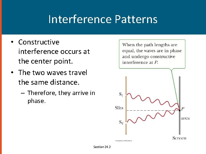 Interference Patterns • Constructive interference occurs at the center point. • The two waves