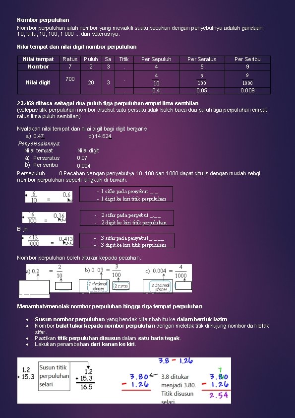 Nombor perpuluhan ialah nombor yang mewakili suatu pecahan dengan penyebutnya adalah gandaan 10, iaitu,