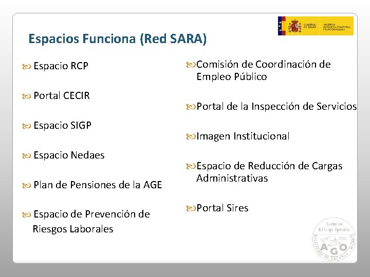 Espacios Funciona (Red SARA) Espacio RCP Portal CECIR Espacio SIGP Espacio Nedaes Plan de