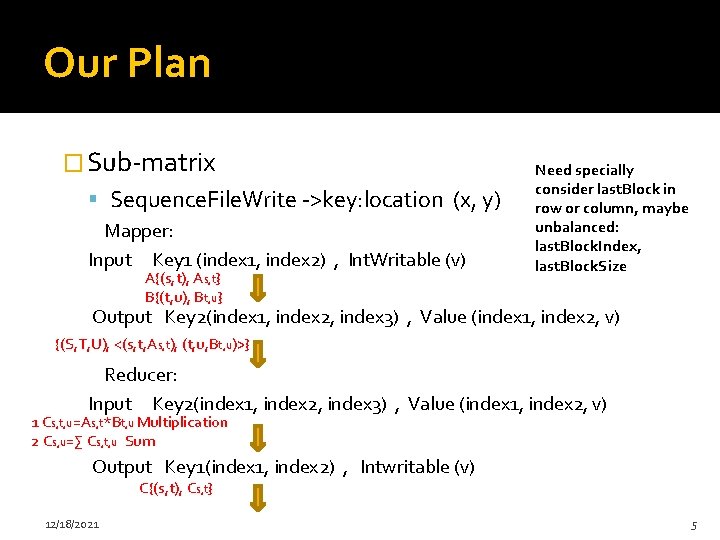 Our Plan � Sub-matrix Sequence. File. Write ->key: location (x, y) Mapper: Input Key