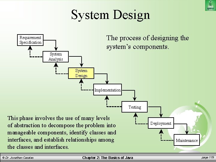 System Design The process of designing the system’s components. Requirement Specification System Analysis System