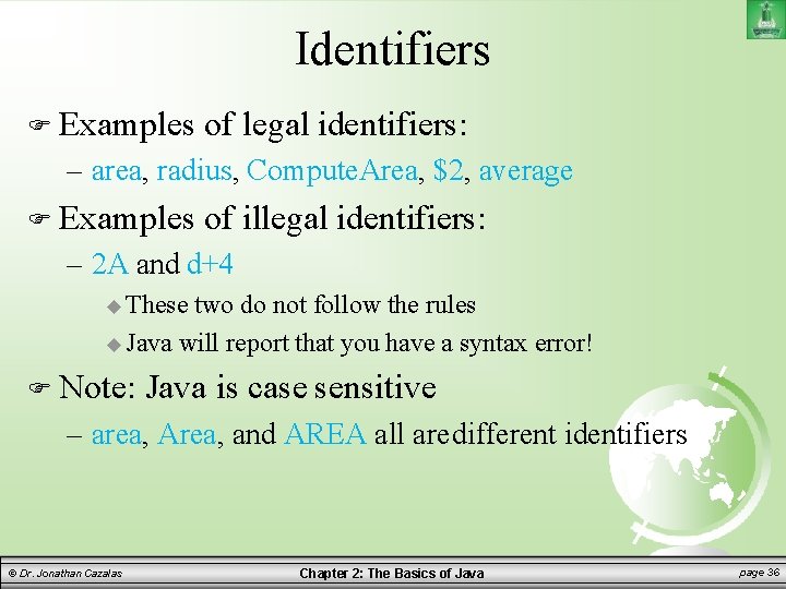 Identifiers Examples of legal identifiers: – area, radius, Compute. Area, $2, average Examples of