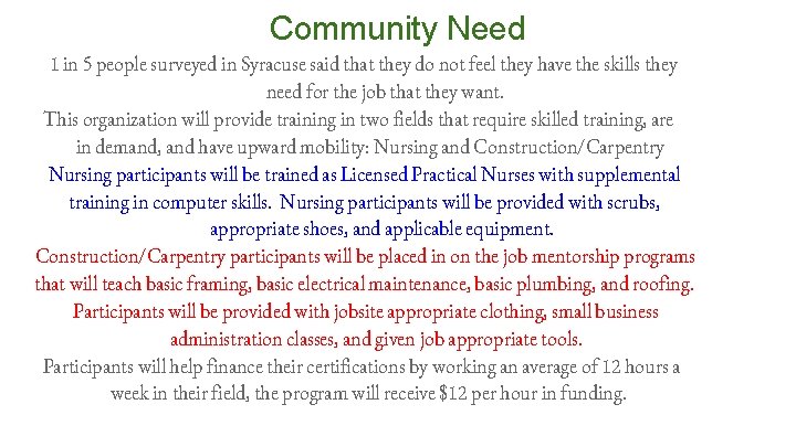 Community Need 1 in 5 people surveyed in Syracuse said that they do not
