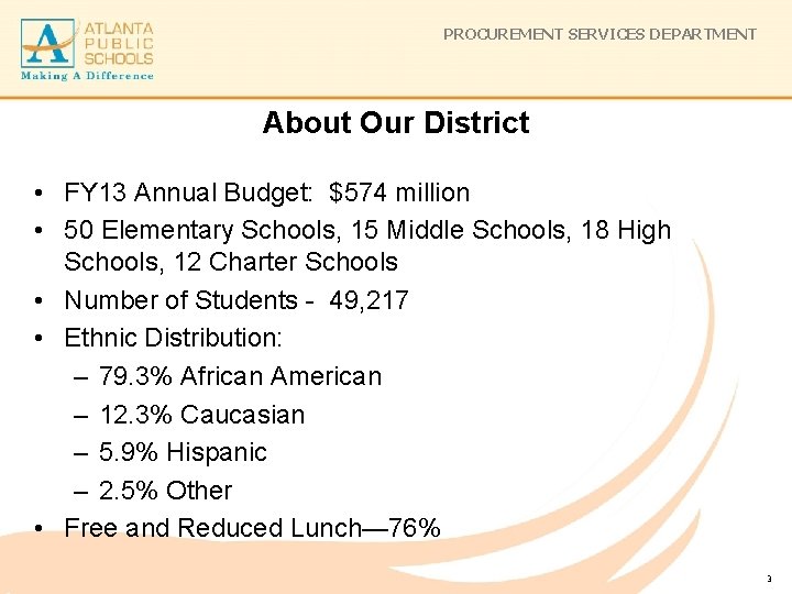 PROCUREMENT SERVICES DEPARTMENT About Our District • FY 13 Annual Budget: $574 million •