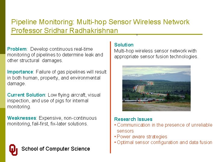 Pipeline Monitoring: Multi-hop Sensor Wireless Network Professor Sridhar Radhakrishnan Problem: Develop continuous real-time monitoring