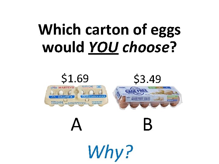 Which carton of eggs would YOU choose? $1. 69 $3. 49 A B Why?