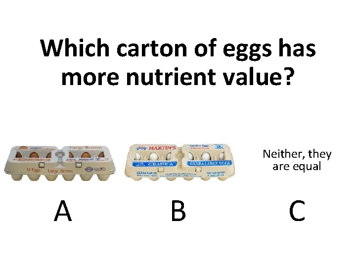 Which carton of eggs has more nutrient value? Neither, they are equal A B