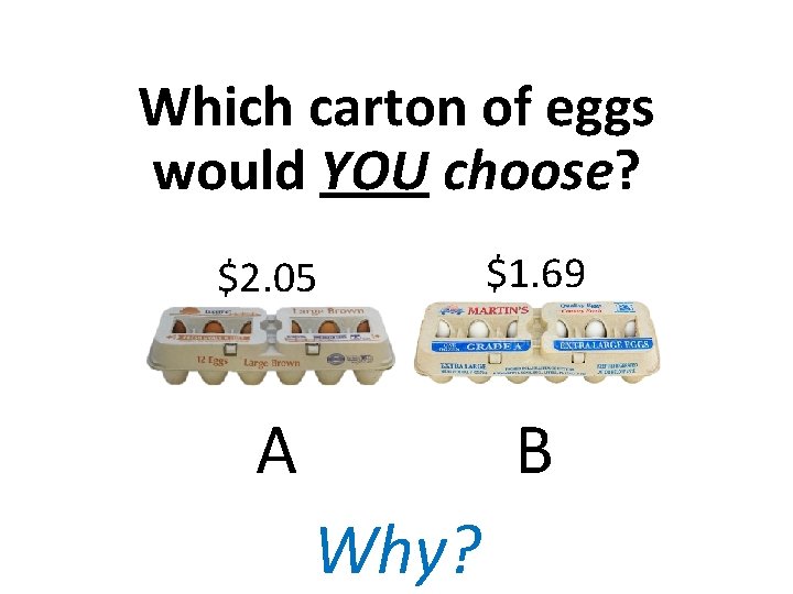 Which carton of eggs would YOU choose? $2. 05 $1. 69 A B Why?