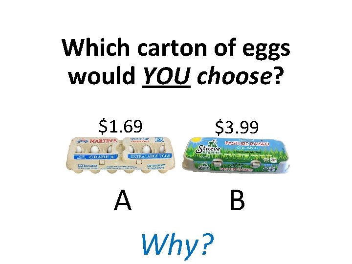 Which carton of eggs would YOU choose? $1. 69 $3. 99 A B Why?