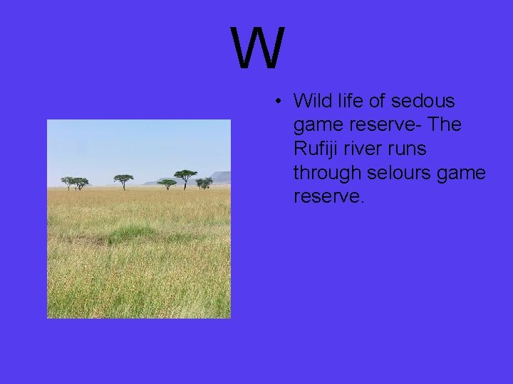 W • Wild life of sedous game reserve- The Rufiji river runs through selours