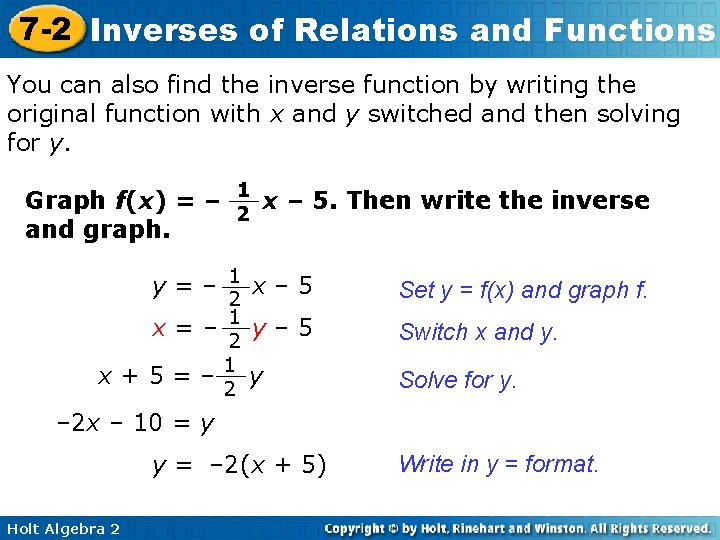 7 -2 Inverses of Relations and Functions You can also find the inverse function 7 -2 Inverses of Relations and Functions You can also find the inverse function