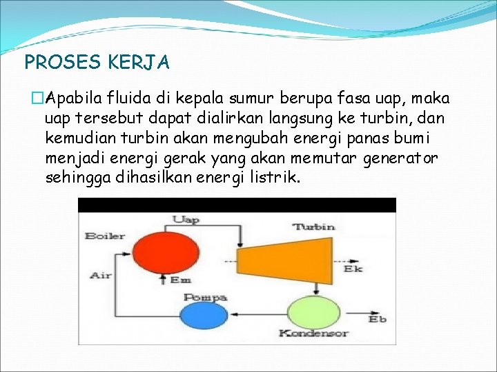 PROSES KERJA �Apabila fluida di kepala sumur berupa fasa uap, maka uap tersebut dapat