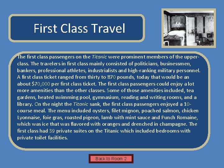 Name of Museum First Class Travel The first class passengers on the Titanic were