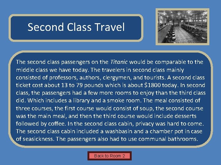 Name of Museum Second Class Travel The second class passengers on the Titanic would