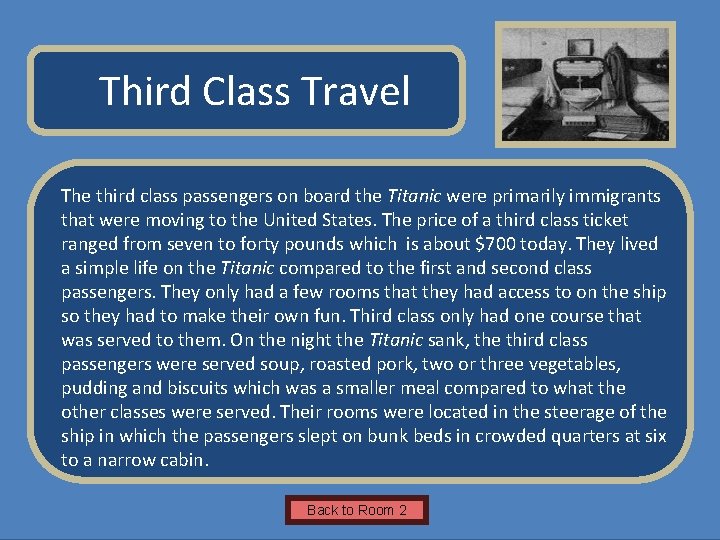 Name of Museum Third Class Travel The third class passengers on board the Titanic