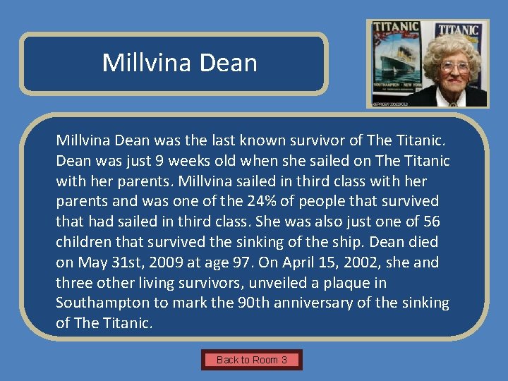 Name of Museum Millvina Dean Insert Artifact Picture Here Millvina Dean was the last