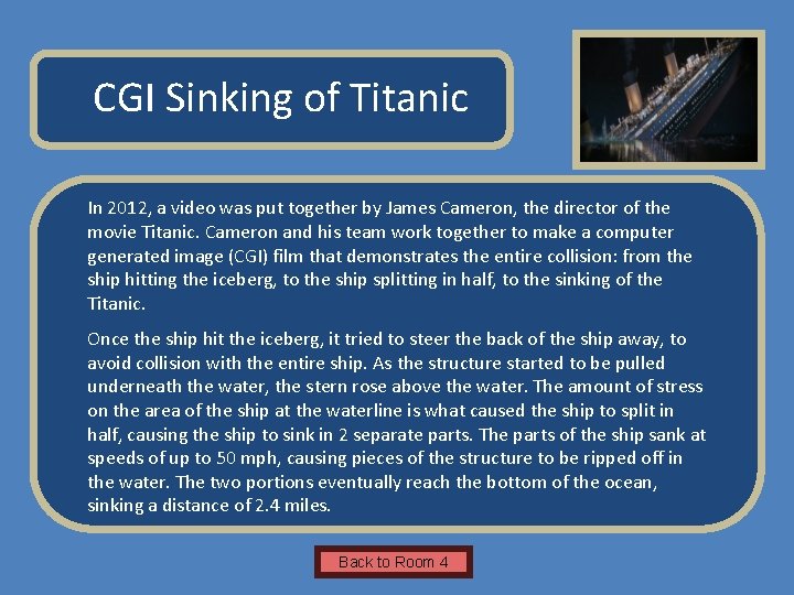 Name of Museum CGI Sinking of Titanic In 2012, a video was put together