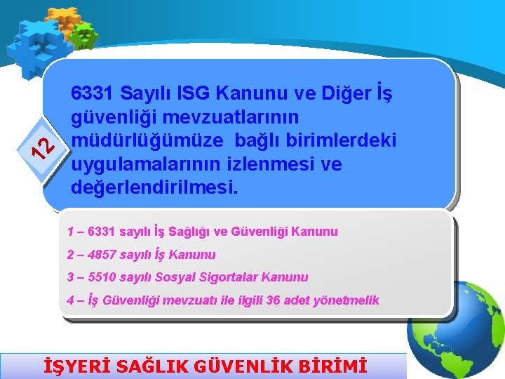 12 6331 Sayılı ISG Kanunu ve Diğer İş güvenliği mevzuatlarının müdürlüğümüze bağlı birimlerdeki uygulamalarının