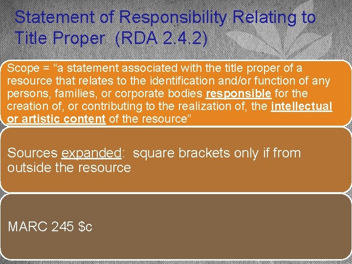 Statement of Responsibility Relating to Title Proper (RDA 2. 4. 2) Scope = “a