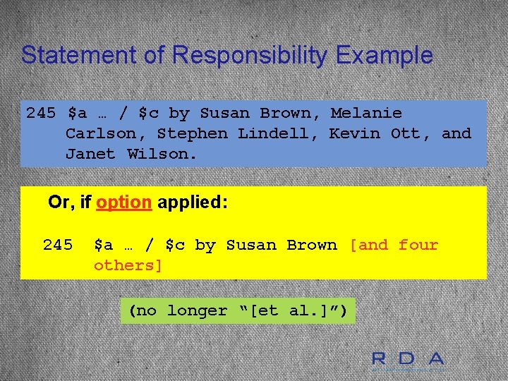 Statement of Responsibility Example 245 $a … / $c by Susan Brown, Melanie Carlson,