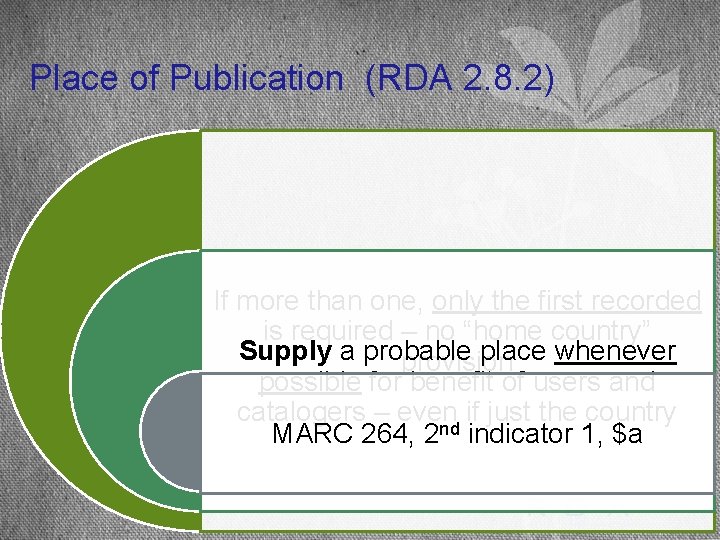 Place of Publication (RDA 2. 8. 2) If more than one, only the first
