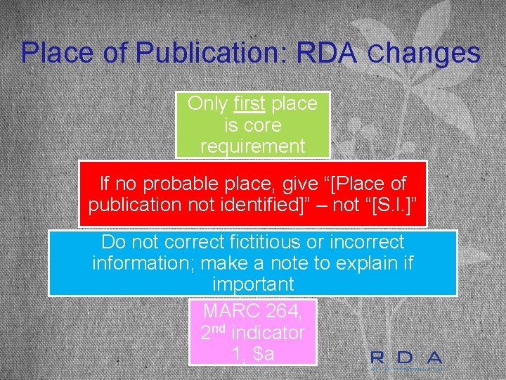Place of Publication: RDA Changes Only first place is core requirement If no probable